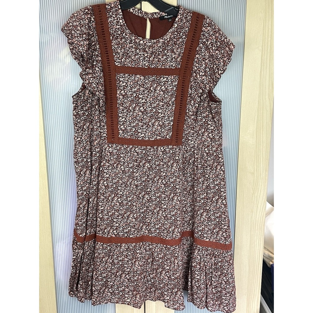 Madewell Flutter-Sleeve Mini Dress Cottage Floral M Brown Boho Peasant Festival